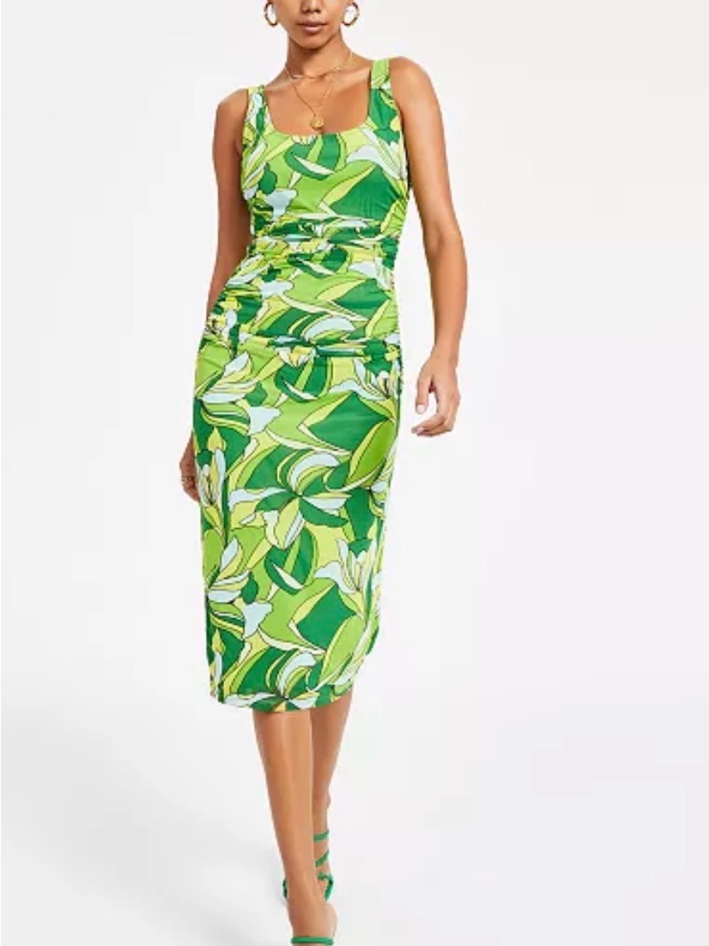Bar III Green Ruched Scoop Neck Tank Mesh Midi Dress, Size S